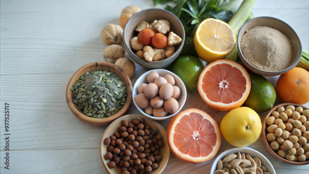 Assorted Healthy Foods Including Fruits, Nuts, and Vegetables on Wooden Table Assorted Healthy Foods Including Fruits, Nuts, and Vegetables on Wooden Table