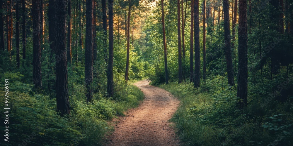 Fototapeta premium Serene forest path winding through tall trees, bathed in soft sunlight, inviting peaceful exploration and connection with nature.