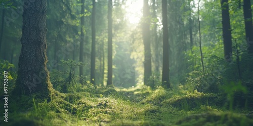Fototapeta Naklejka Na Ścianę i Meble -  Serene forest landscape bathed in soft sunlight, showcasing lush greenery and tranquil pathways for nature lovers to explore.