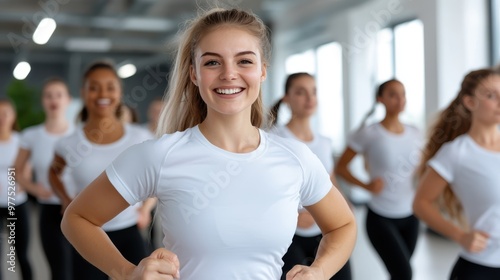 A smiling woman dressed in a bright active outfit leads a group exercise class indoors, radiating positivity and health through enthusiasm and motivating presence.