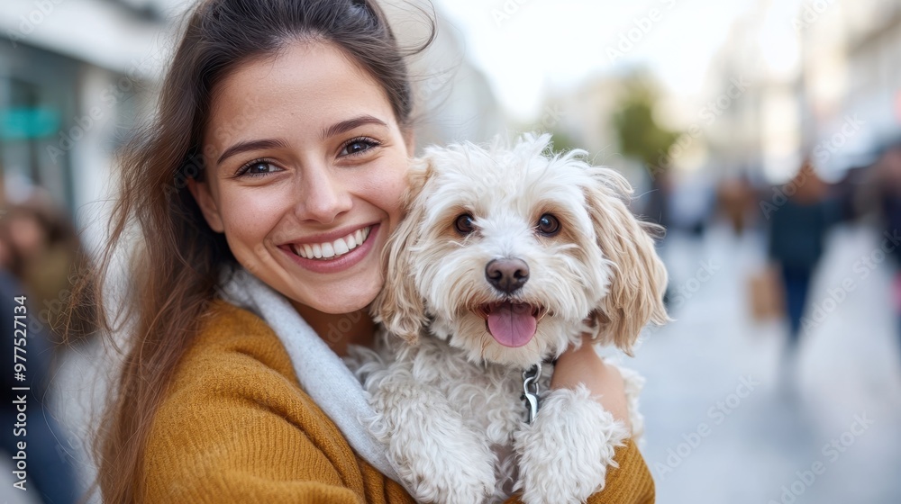 A young woman joyfully embraces her dog on a bustling city street, celebrating friendship and happiness. The scene emphasizes a friendly, urban atmosphere. A young woman joyfully embraces her dog on a bustling city street, celebrating friendship and happiness. The scene emphasizes a friendly, urban atmosphere.