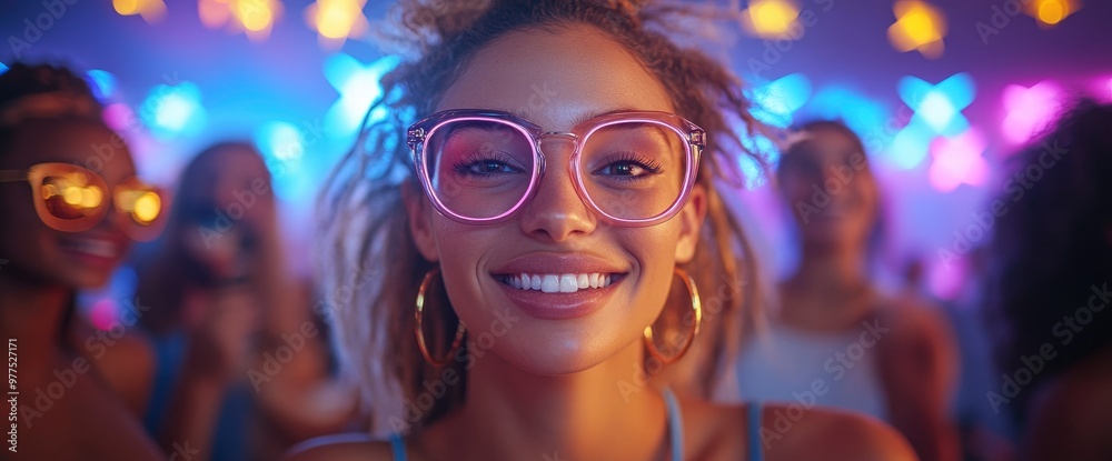 Happy woman with neon glasses at music festival Happy woman with neon glasses at music festival
