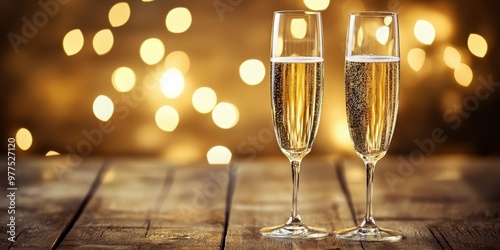 Two elegant champagne flutes filled with bubbly drink, set against a glowing background, perfect for celebrations and toasts. photo