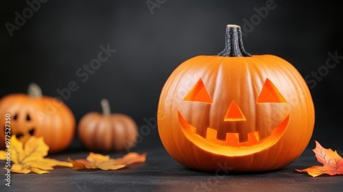 A festive Halloween scene featuring a smiling carved pumpkin surrounded by smaller pumpkins and colorful autumn leaves.