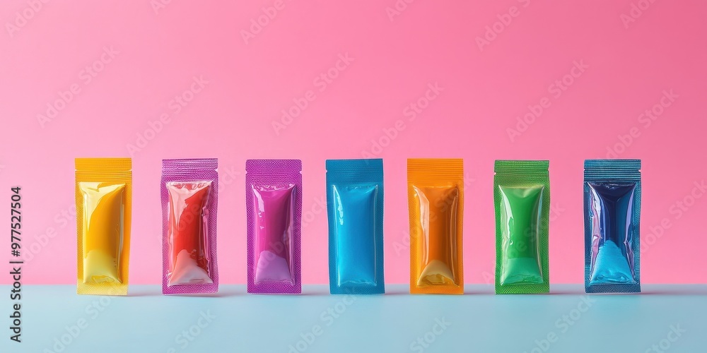 Fototapeta premium Vibrant colored packages arranged in a row against a pink background, perfect for creative and marketing projects.