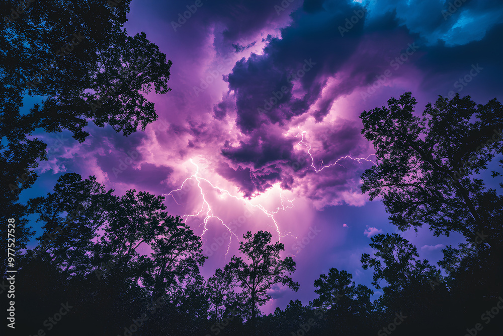 Fototapeta premium Dramatic lightning storm illuminating dark clouds and trees.