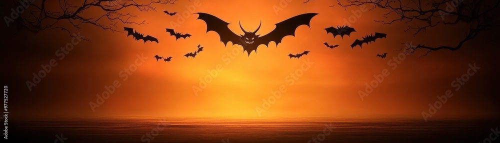 A haunting sunset scene with flying bats silhouetted against an orange sky, perfect for Halloween or spooky themes. A haunting sunset scene with flying bats silhouetted against an orange sky, perfect for Halloween or spooky themes.