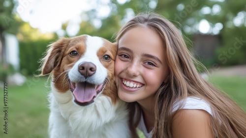 A young girl holds her dog close, both smiling widely, embodying the happiness and companionship found in the cherished bond between humans and pets. photo