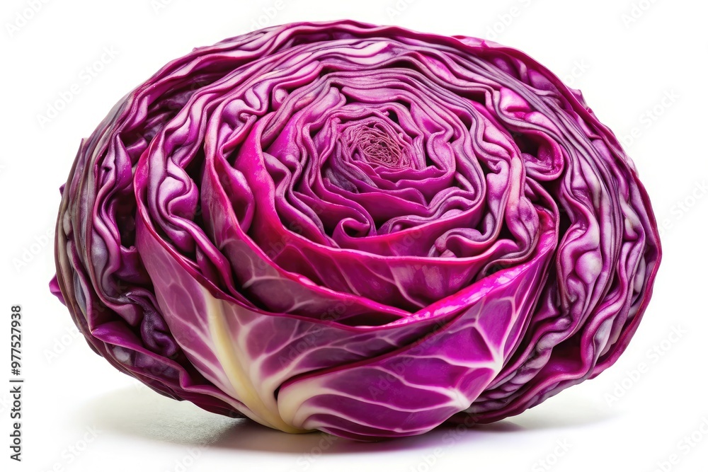 Vibrant red cabbage head sits isolated on a white background, showcasing its intricate layers and crunchy texture in a burst of bold, saturated color. Vibrant red cabbage head sits isolated on a white background, showcasing its intricate layers and crunchy texture in a burst of bold, saturated color.