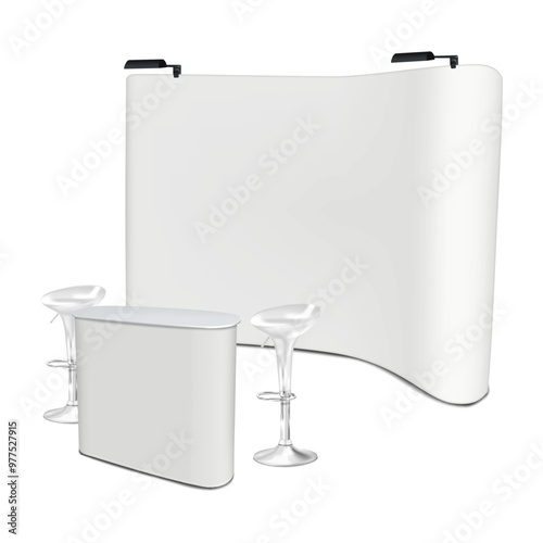 Exhibition set template. Blank white trade show backdrop display with LED lights, table counter stand, swivel bar stools with foot rest. Vector mock-up. Trade show booth mockup kit