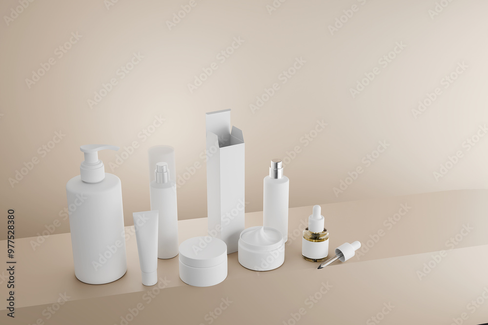 group of mockup cosmetic bottles on beige podium, 3d render