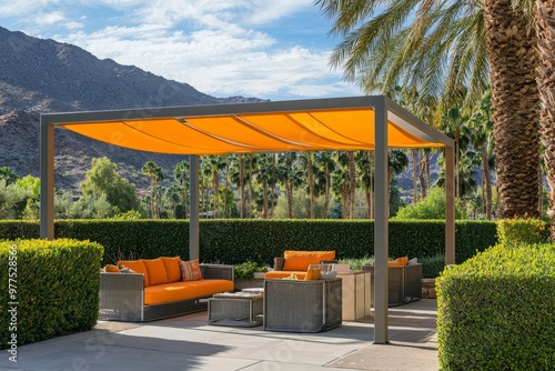 Stock image of a beautiful luxury garden in a modern mansion with a lot of plants and trees.