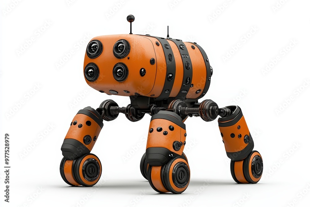 A futuristic, orange robotic creature with multiple cameras and wheels, showcasing innovative technology and unique design elements. A futuristic, orange robotic creature with multiple cameras and wheels, showcasing innovative technology and unique design elements.