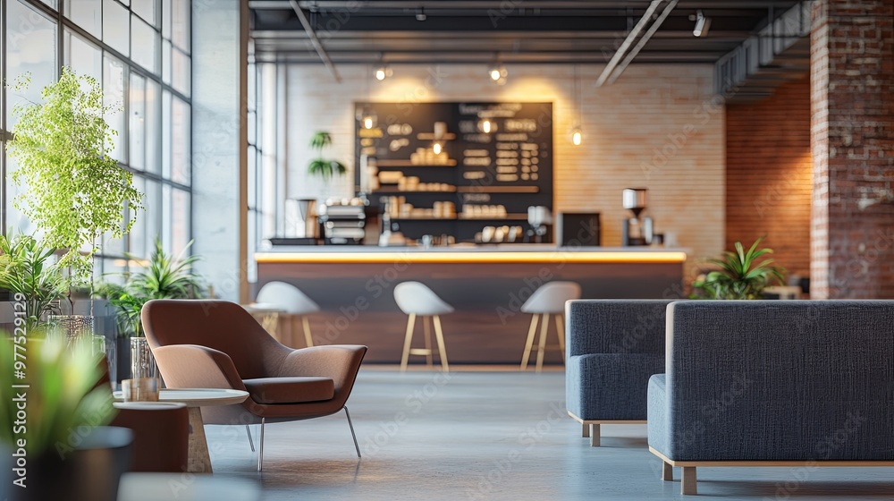 Fototapeta premium A modern caf? interior featuring stylish seating, a counter with a menu, and greenery for a relaxed atmosphere.