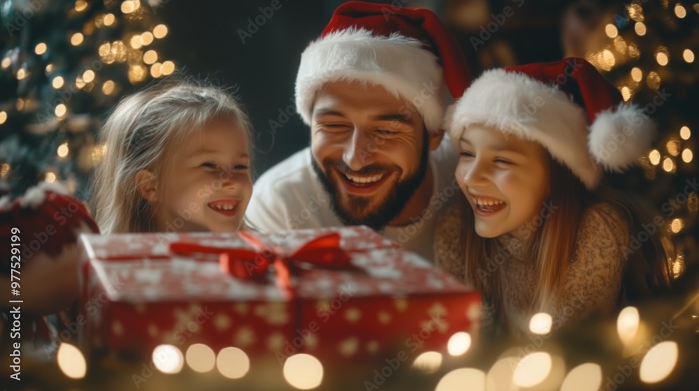 A joyful family excitedly opens gifts next to a beautifully decorated Christmas tree A joyful family excitedly opens gifts next to a beautifully decorated Christmas tree