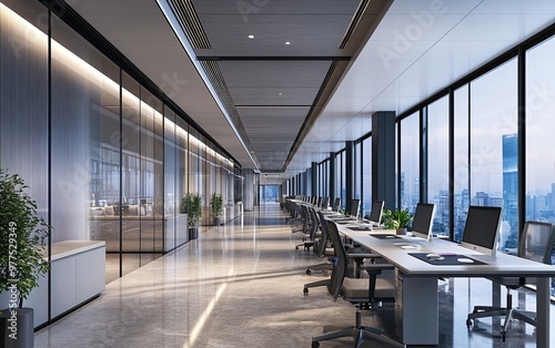 Modern office interior featuring workstations and large windows with city views.