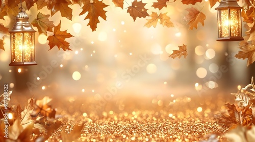 Golden Autumn Background with Lanterns and Leaves