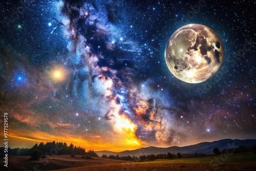 Vibrant, starry night sky with a full moon, illuminated craters and subtle Earthshine, suspended amidst a dark, infinite universe with swirling nebulae and galaxies. photo