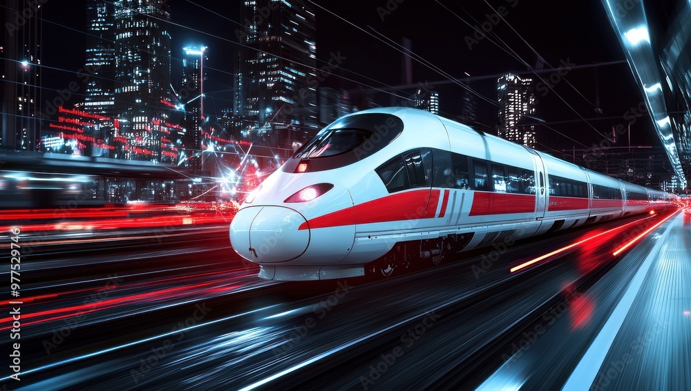 The white and red high-speed train is moving at night, surrounded by digital marketing model data visualizations. The background is a city landscape with buildings integrated in technology. This sce
The white and red high-speed train is moving at night, surrounded by digital marketing model data visualizations. The background is a city landscape with buildings integrated in technology. This sce