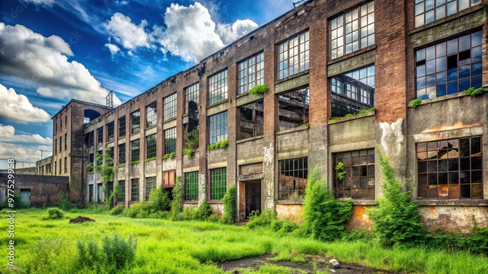A haunting image of abandoned factory ruins with broken windows, overgrown grass, and crumbling walls A haunting image of abandoned factory ruins with broken windows, overgrown grass, and crumbling walls