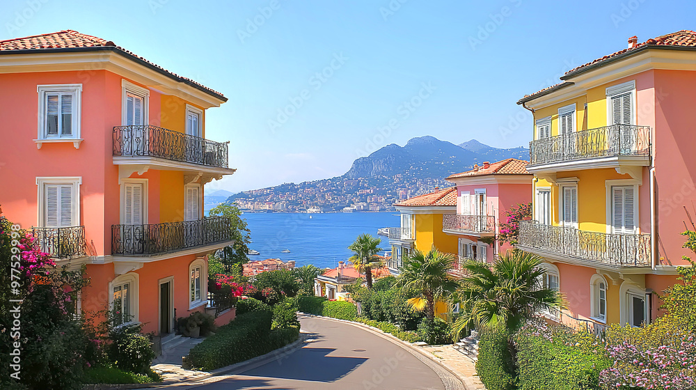 Fototapeta premium Amalfi coast look-like landscape, Italian town on the sea, terraced houses decorated with flowers. Mediterranean travel concept
