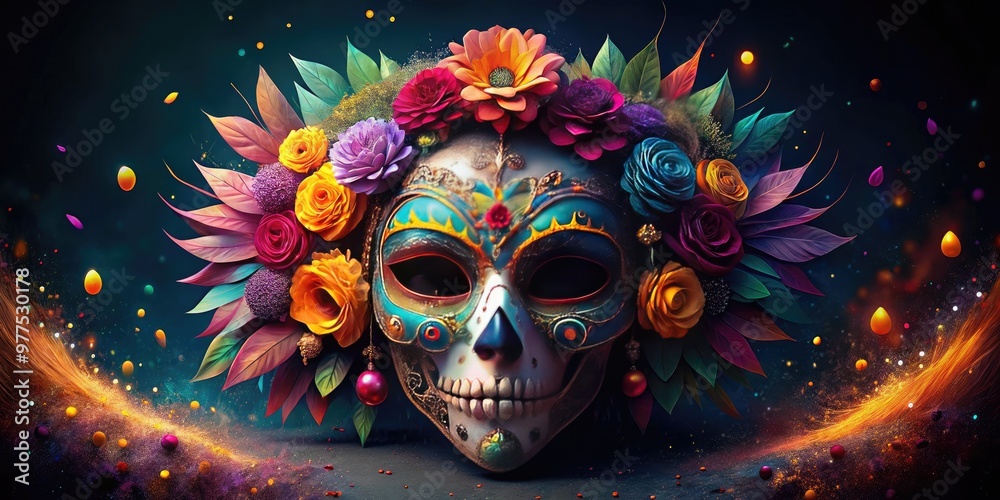 Vibrant sugar skull mask adorned with flowers, glitter, and feathers, against a dark background, showcasing a festive and mysterious celebration of the dearly departed. Vibrant sugar skull mask adorned with flowers, glitter, and feathers, against a dark background, showcasing a festive and mysterious celebration of the dearly departed.