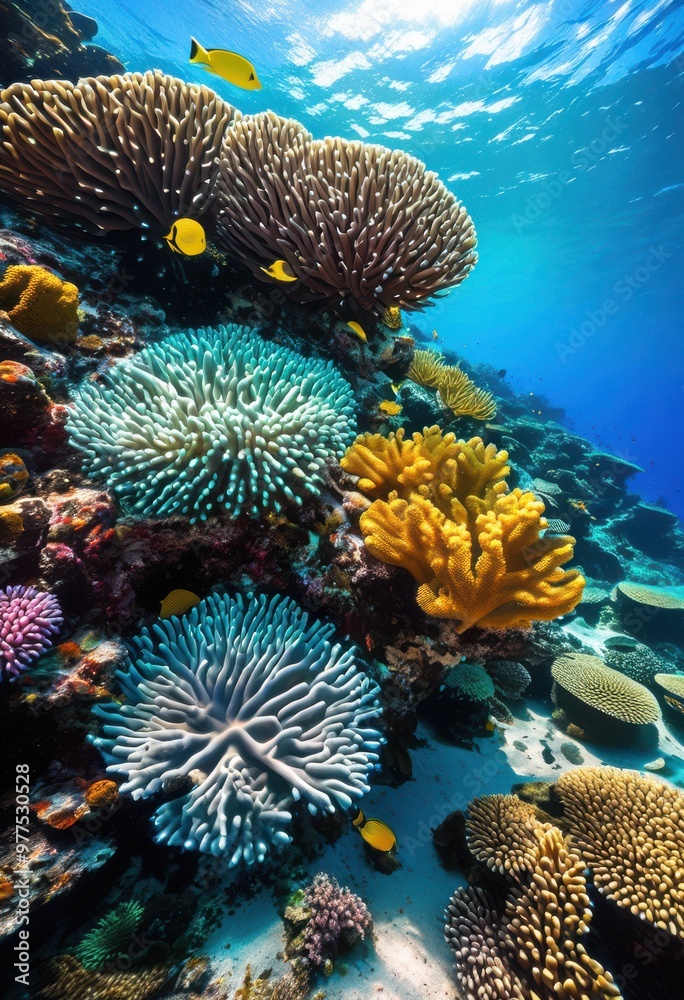 Obraz premium vibrant marine life flourishing lush coral ecosystems colorful diverse aquatic species, biodiversity, fish, flora, fauna, habitats, mollusks, reefs, sea
