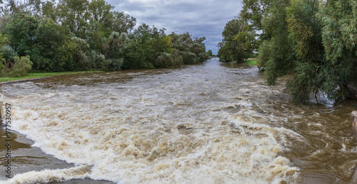 River Svratka and Svitava in the city of Brno, Czech Republic. Diluted water during the rainy season.