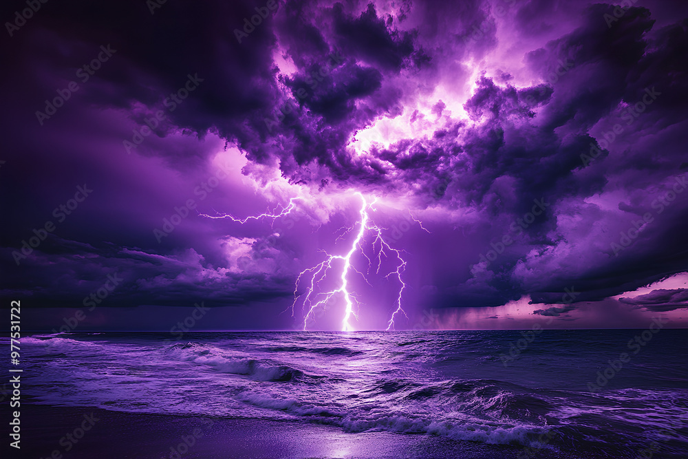 A dramatic storm with purple lightning illuminating the ocean waves under dark clouds. A dramatic storm with purple lightning illuminating the ocean waves under dark clouds.