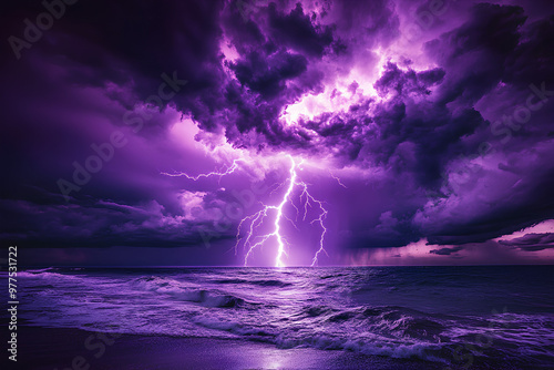 A dramatic storm with purple lightning illuminating the ocean waves under dark clouds.