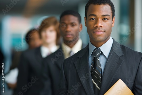 Confident executives in formal attire in a dynamic office setting.