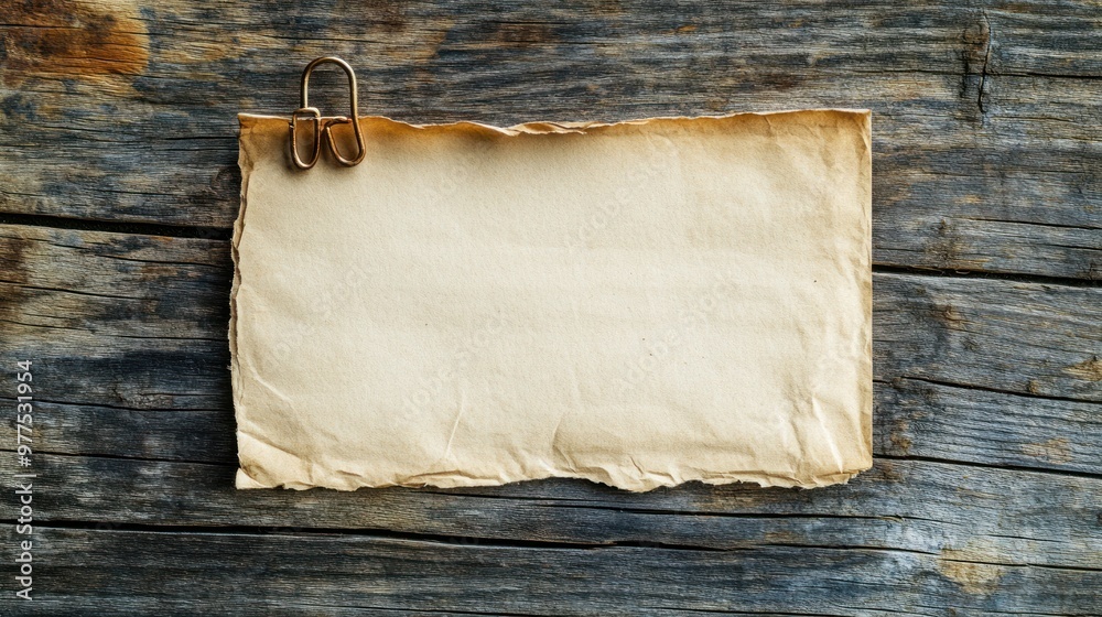 Fototapeta premium A blank eco-friendly note held by a recycled paper clip, placed on a natural wooden surface, conveying sustainability.