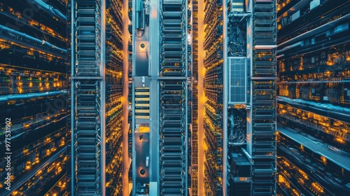 A bird's-eye view of a large data center, showing organized rows of server racks and cooling units.