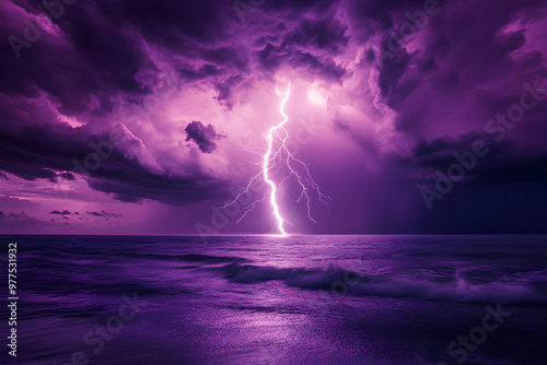 A dramatic lightning strike illuminates a stormy ocean scene under purple skies.