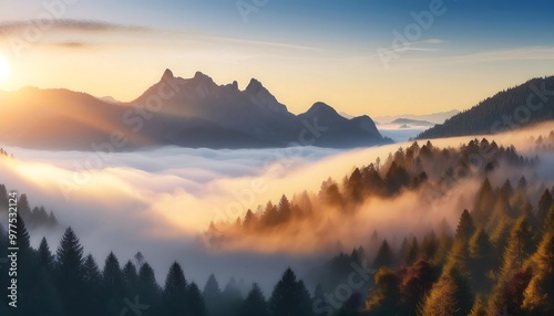 Mountains Emerging from the Fog - dramatic scene where the tops of jagged mountains are visible through a thick layer of fog. Graphic art illustration