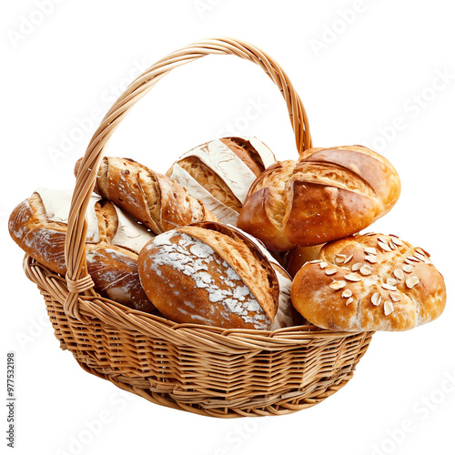 Assortment of bread in basket isolated on transparent background, cut out