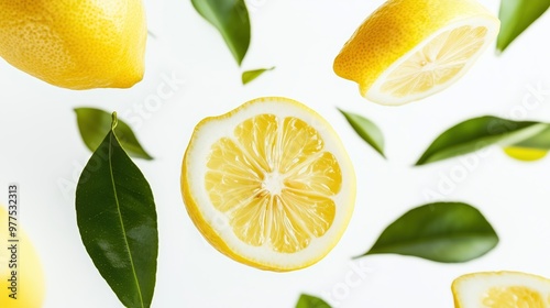 Lemon Slices and Green Leaves on White photo