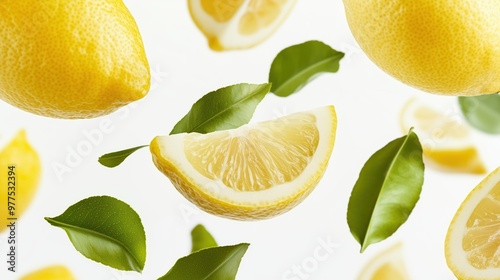 Lemon Slices and Green Leaves on White photo