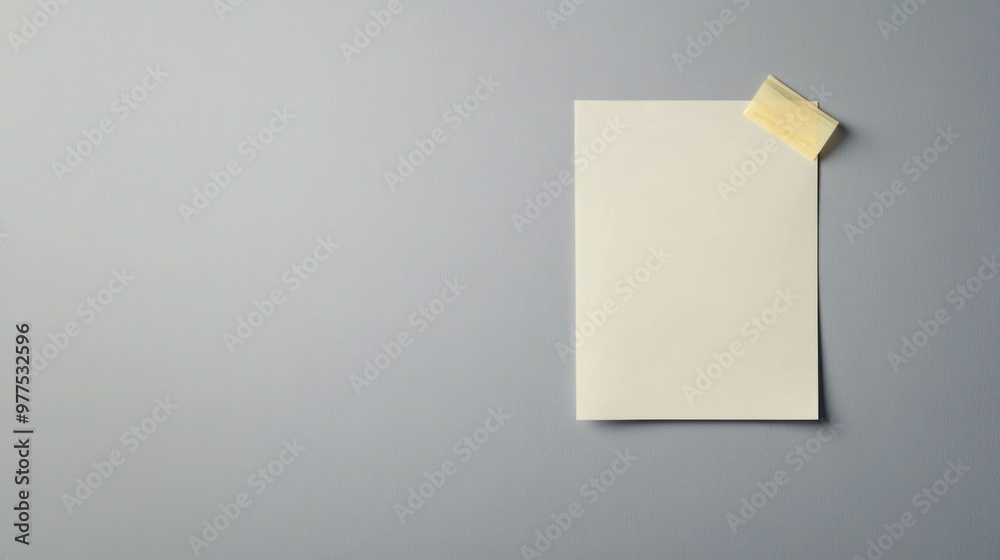 A blank note sheet taped with transparent adhesive tape to a grey wall, offering a clean and simple display for reminders or notes. A blank note sheet taped with transparent adhesive tape to a grey wall, offering a clean and simple display for reminders or notes.