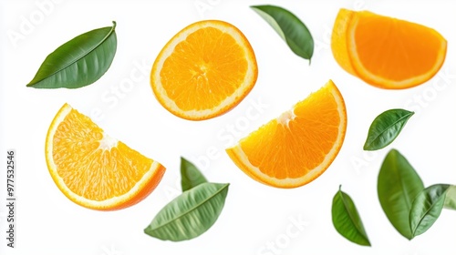 Orange Slices and Green Leaves on White photo