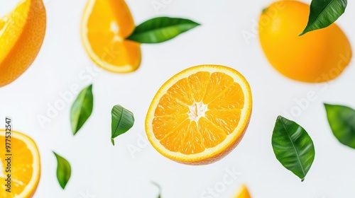 Orange Slices and Green Leaves on White photo