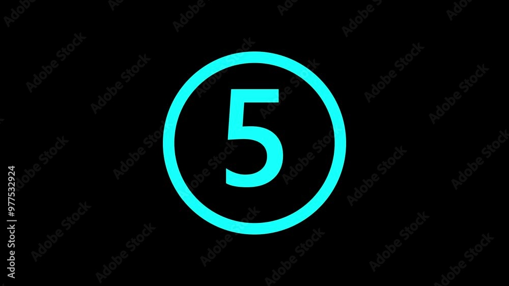 Circle countdown timer 5 seconds animation from 5 to 0 seconds. Simple animation showing a 5 times countdown timer on a black background
