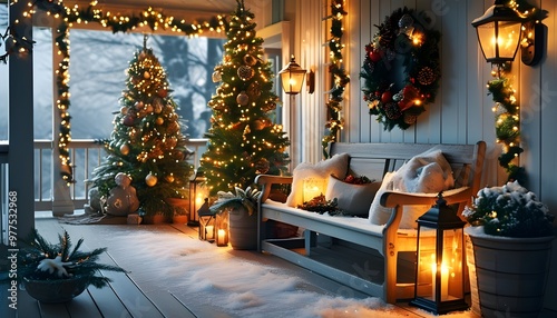 Cozy winter scene of a festively decorated front porch with a Christmas wreath, tree, lanterns, and a blanket of snow photo