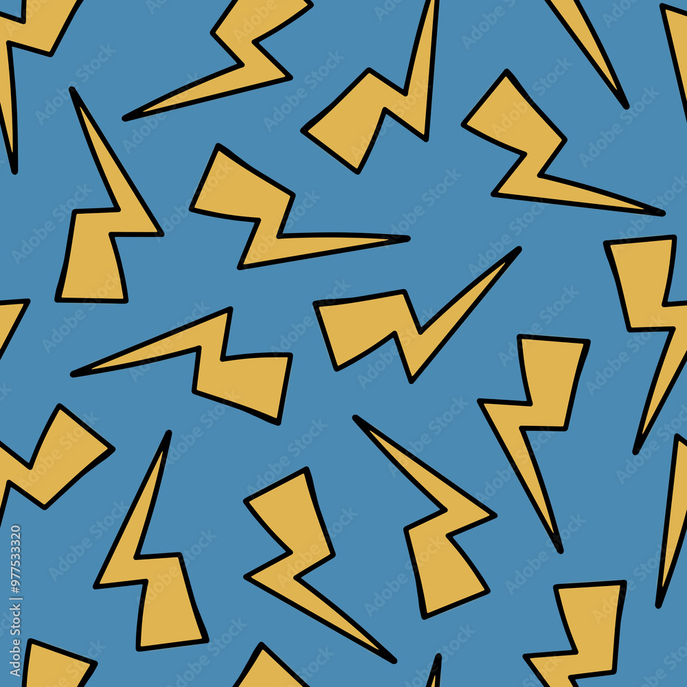 Lightning Doodle Seamless Pattern. Thunder or Storm Symbol. 80th, 90th Style Sketch. Lightning Doodle Seamless Pattern. Thunder or Storm Symbol. 80th, 90th Style Sketch.