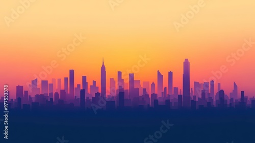 Stunning sunset skyline silhouette featuring diverse skyscrapers against a vibrant gradient sky of orange and purple hues. photo