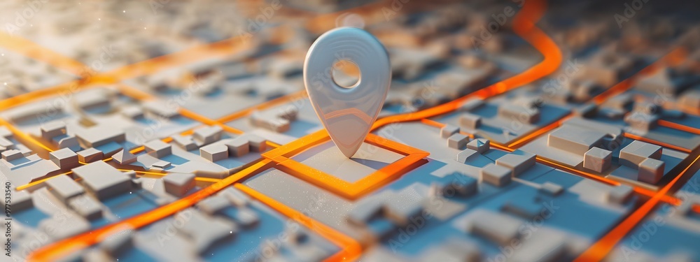 Location pin on map - futuristic technological background, white and orange Location pin on map - futuristic technological background, white and orange