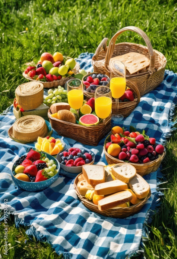 Fototapeta premium vibrant family picnic scene featuring colorful delicious lively outdoor atmosphere, food, gathering, summer, fun, leisure, sunlight, grass, blanket, basket