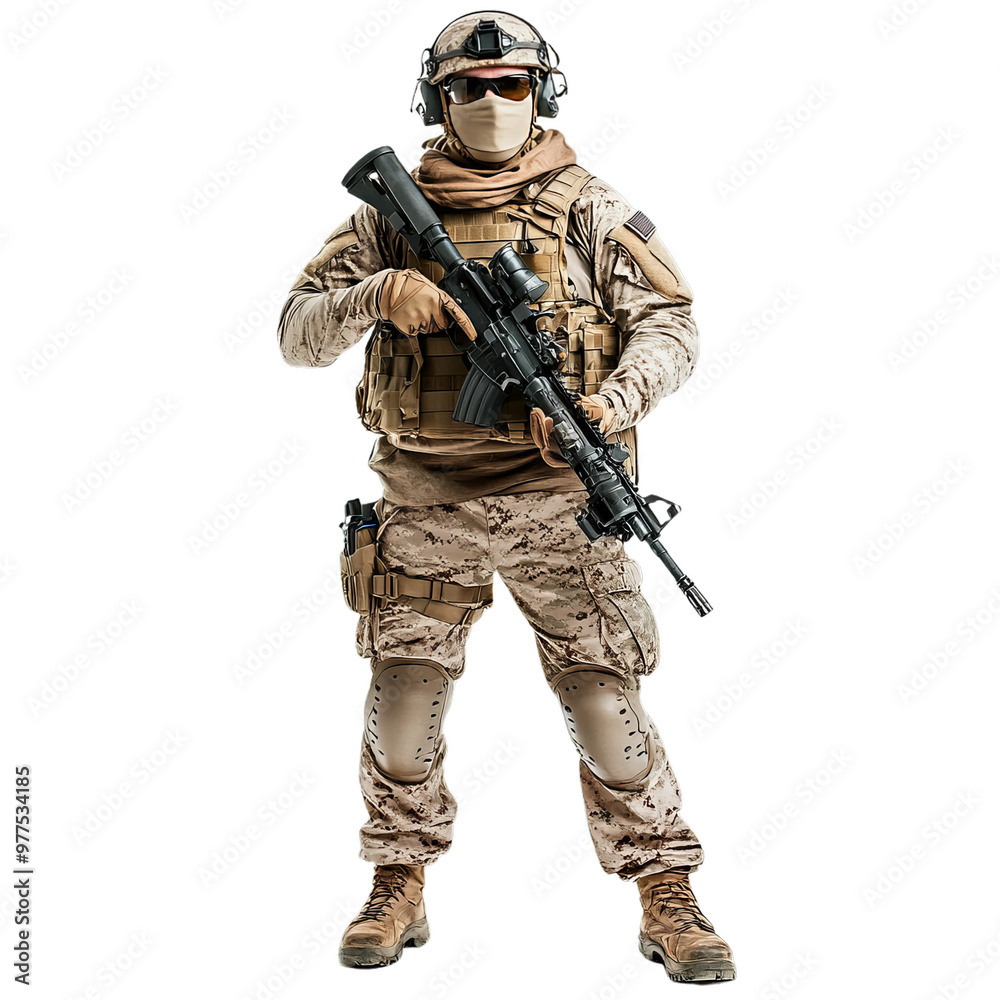 PNG Transparent Image of a fully equipped tactical soldier standing confidently, holding a rifle, wearing desert combat gear and protective gear PNG Transparent Image of a fully equipped tactical soldier standing confidently, holding a rifle, wearing desert combat gear and protective gear