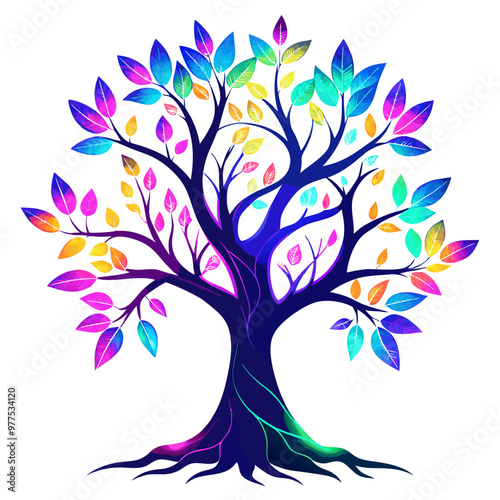 a tree with glowing neon-colored leaves