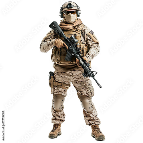 PNG Transparent Image of a fully equipped tactical soldier standing confidently, holding a rifle, wearing desert combat gear and protective gear